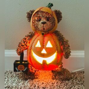 Vintage Teddy Bear Halloween Lamp Figurine Pumpkin Jack O Lantern Trick or Treat